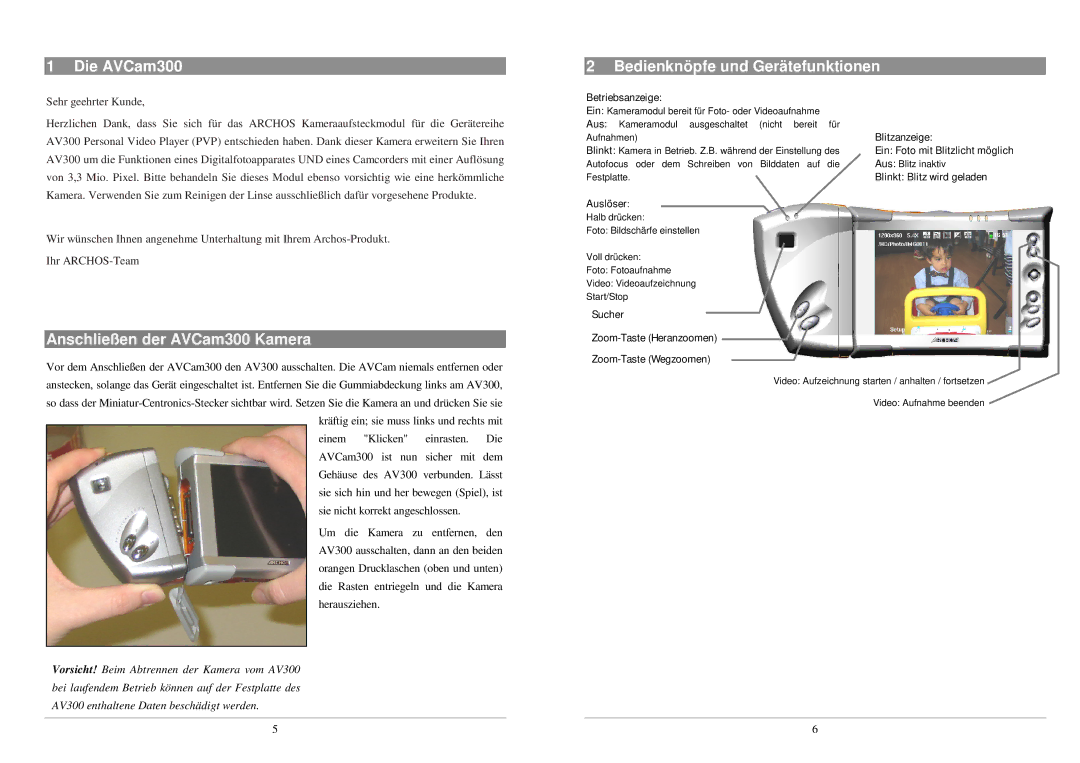 Archos manual Die AVCam300, Anschließen der AVCam300 Kamera, Bedienknöpfe und Gerätefunktionen 