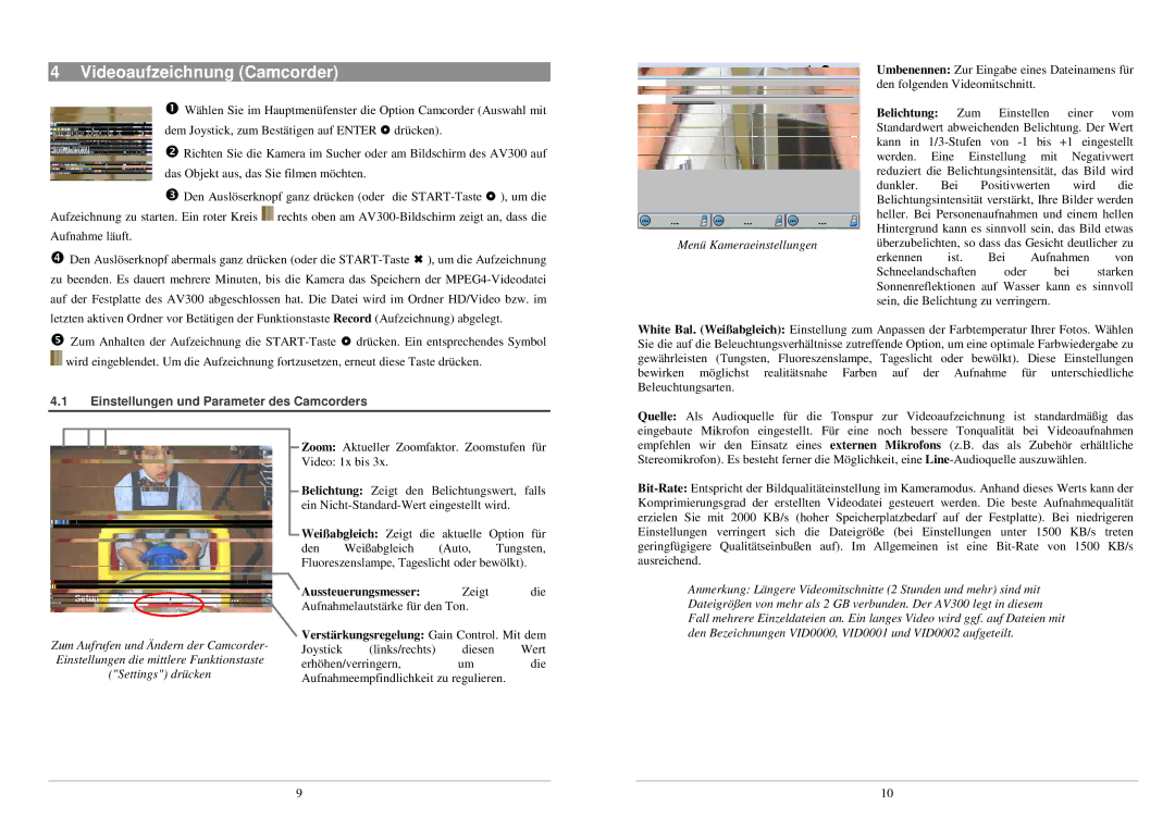 Archos 300 manual Videoaufzeichnung Camcorder, Einstellungen und Parameter des Camcorders, Aussteuerungsmesser 