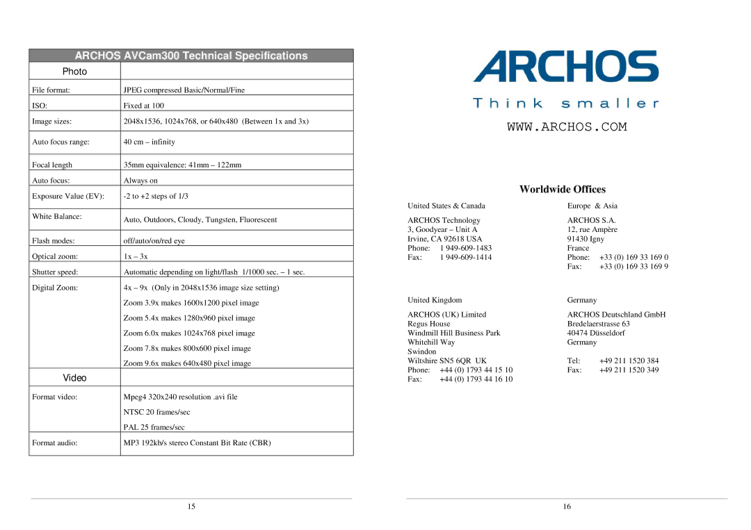 Archos manual Archos AVCam300 Technical Specifications, Photo 