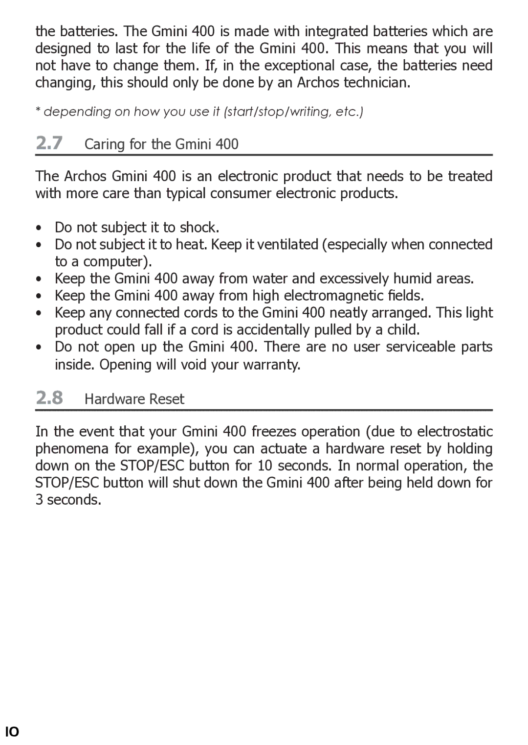 Archos 400 user manual Caring for the Gmini, Hardware Reset 