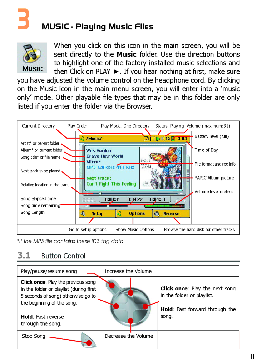 Archos 400 user manual Music Playing Music Files, Button Control 