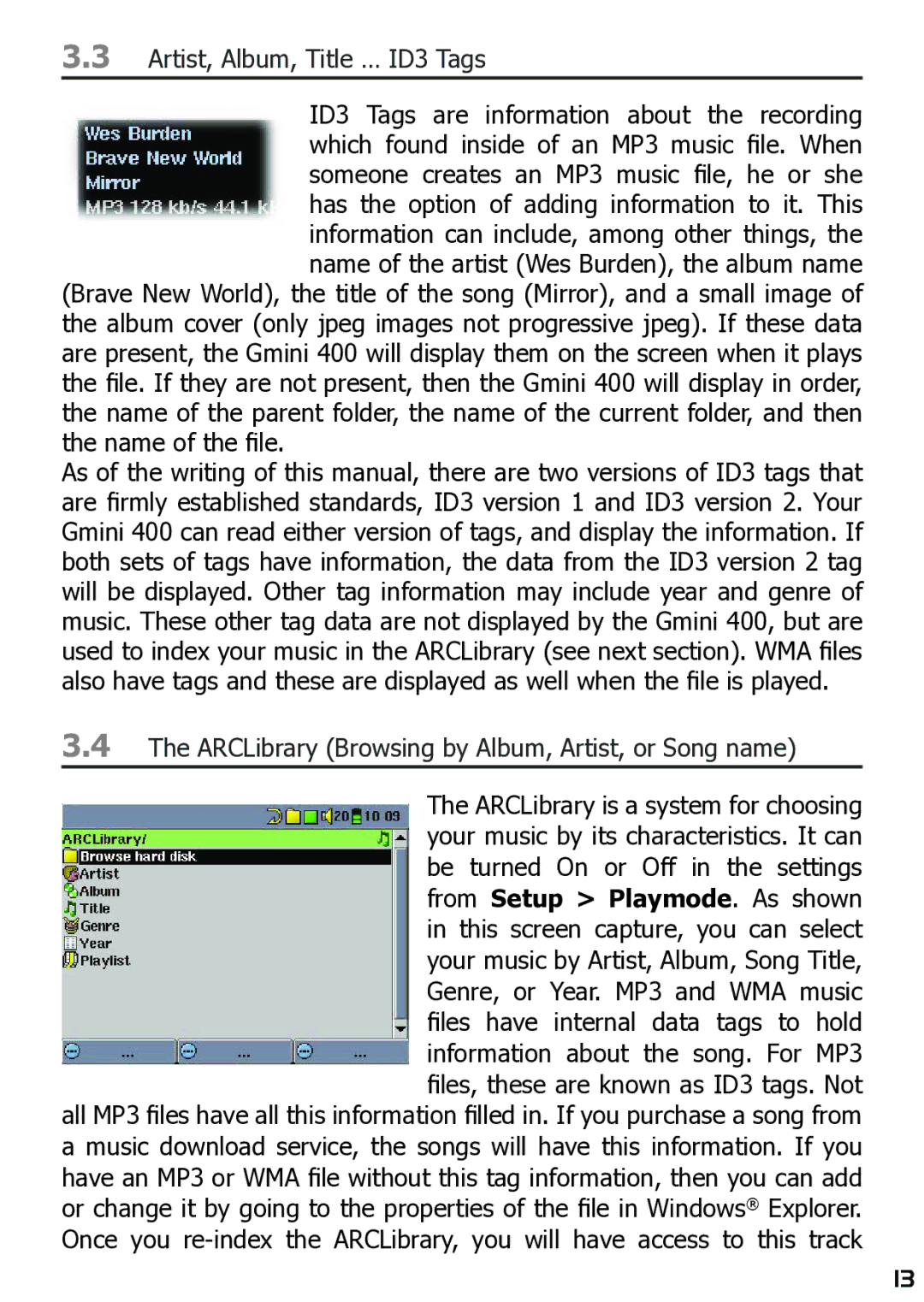 Archos 400 user manual Artist, Album, Title … ID3 Tags, ARCLibrary Browsing by Album, Artist, or Song name 