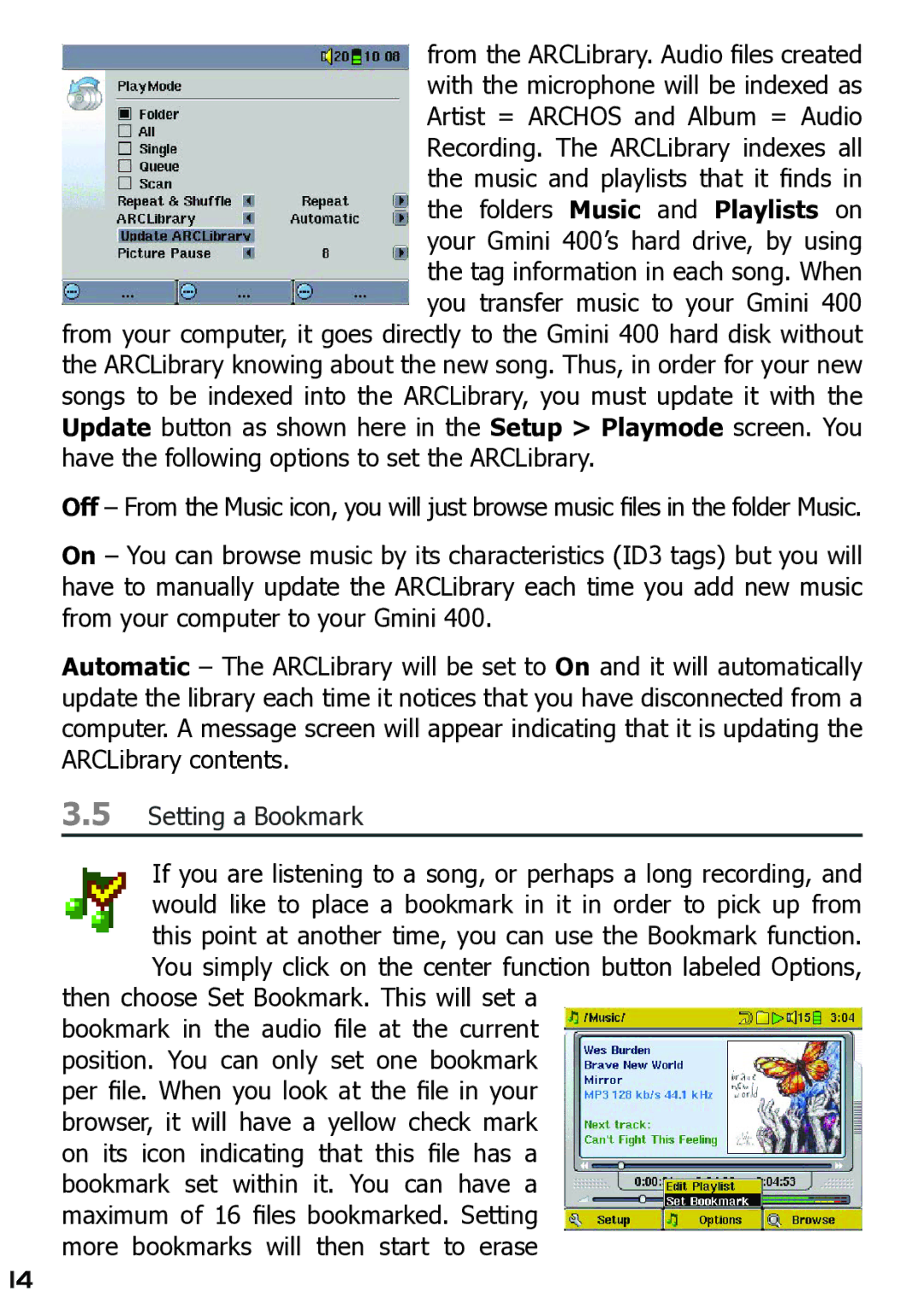 Archos 400 user manual Setting a Bookmark 