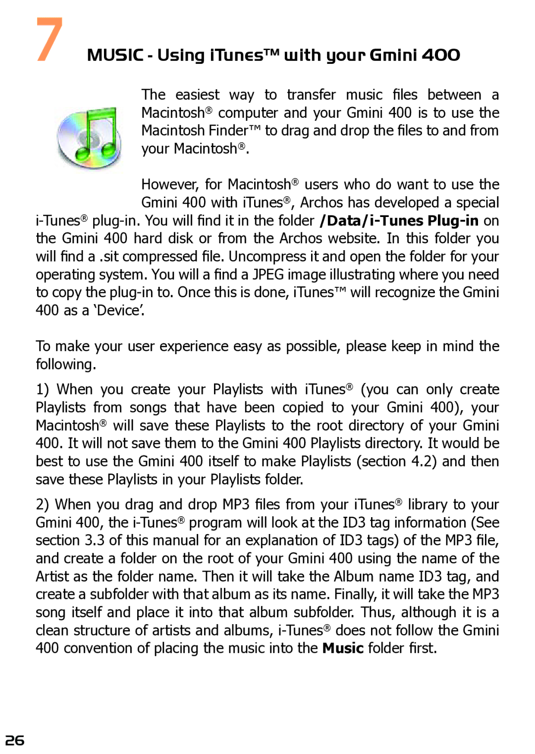Archos 400 user manual Music Using iTunes with your Gmini 
