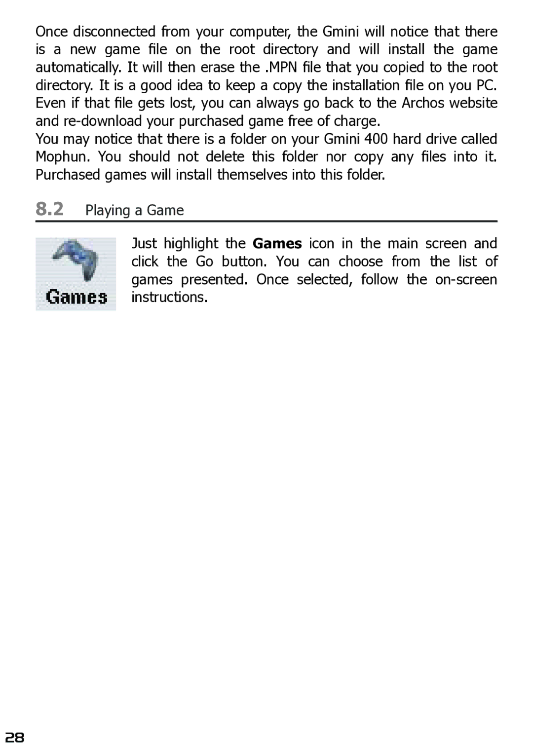 Archos 400 user manual Playing a Game 