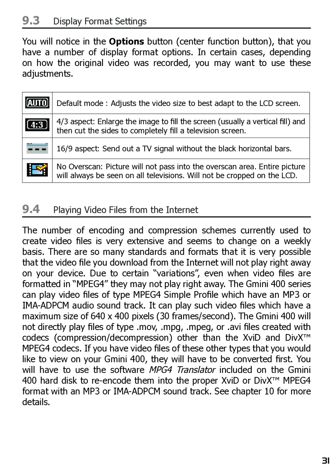 Archos 400 user manual Display Format Settings, Playing Video Files from the Internet 