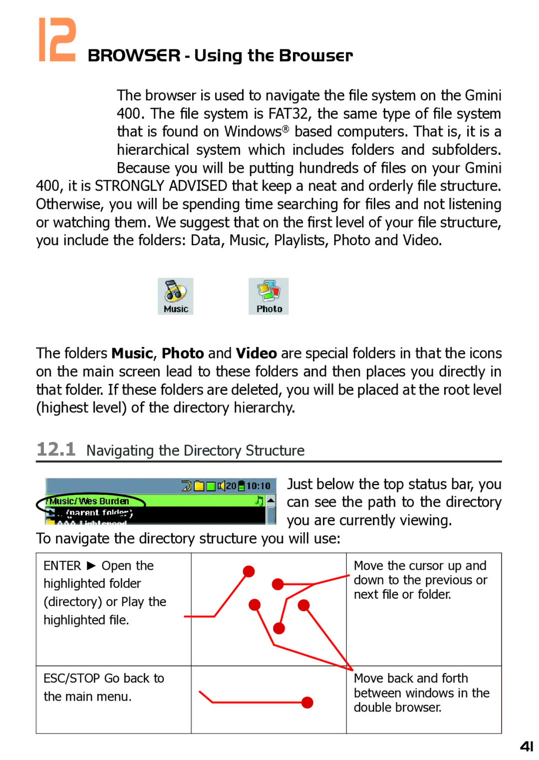 Archos 400 user manual Browser Using the Browser, Browser is used to navigate the ﬁ le system on the Gmini 