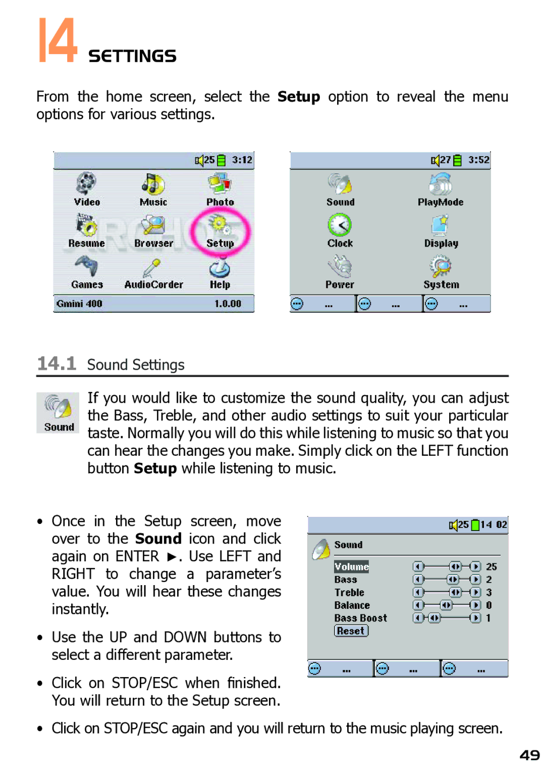 Archos 400 user manual Sound Settings 