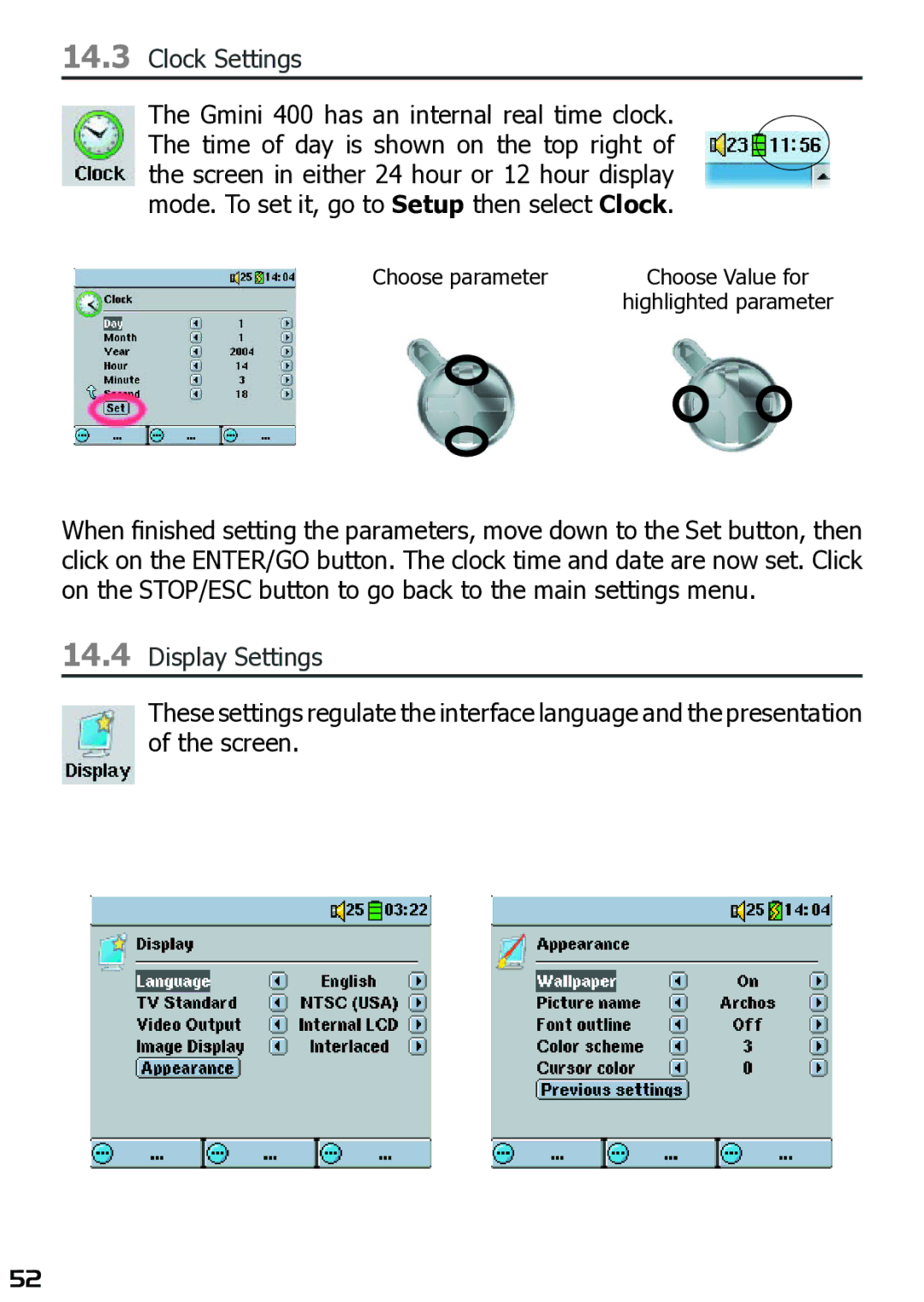 Archos 400 user manual Clock Settings 