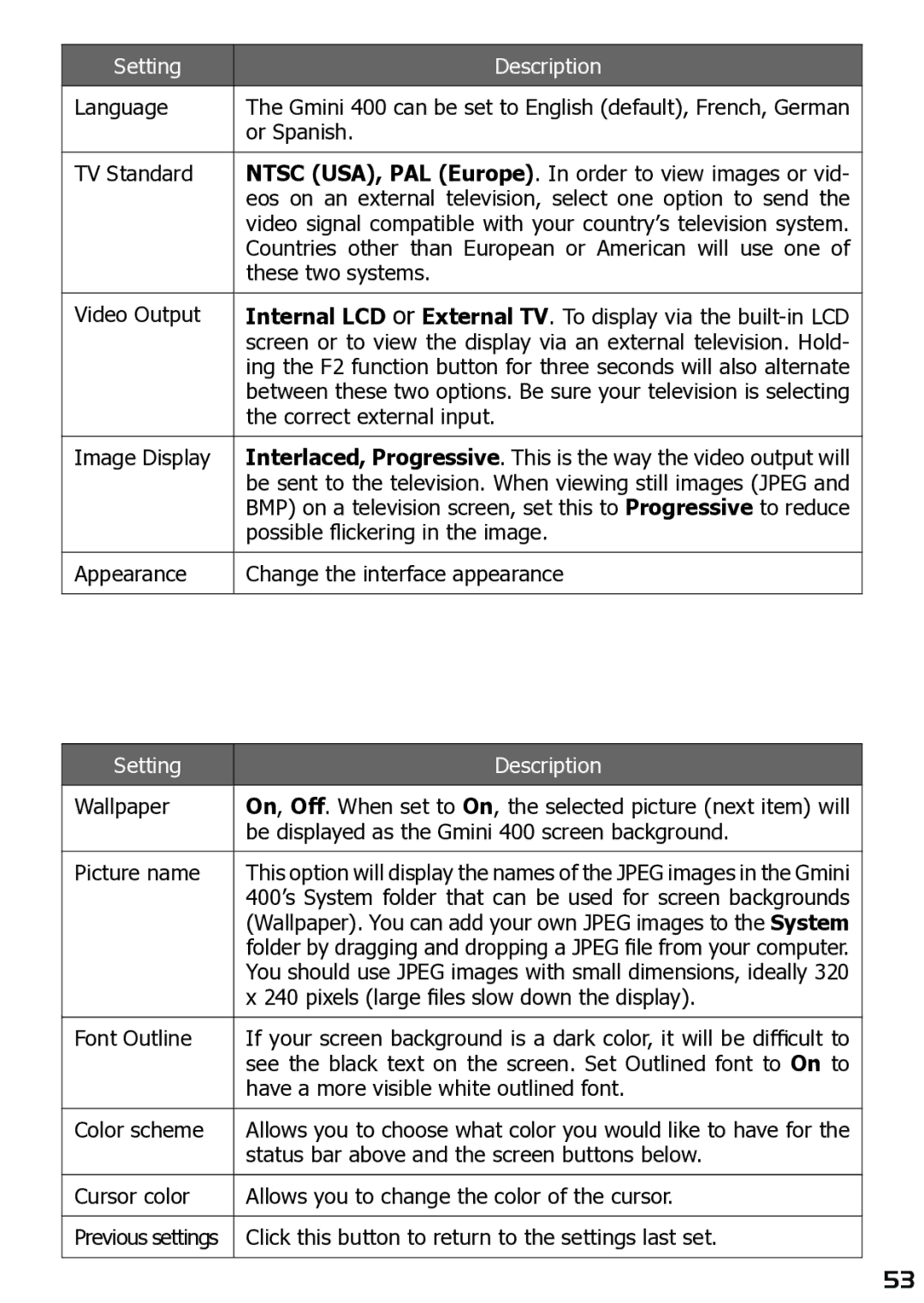 Archos 400 user manual Setting Description 