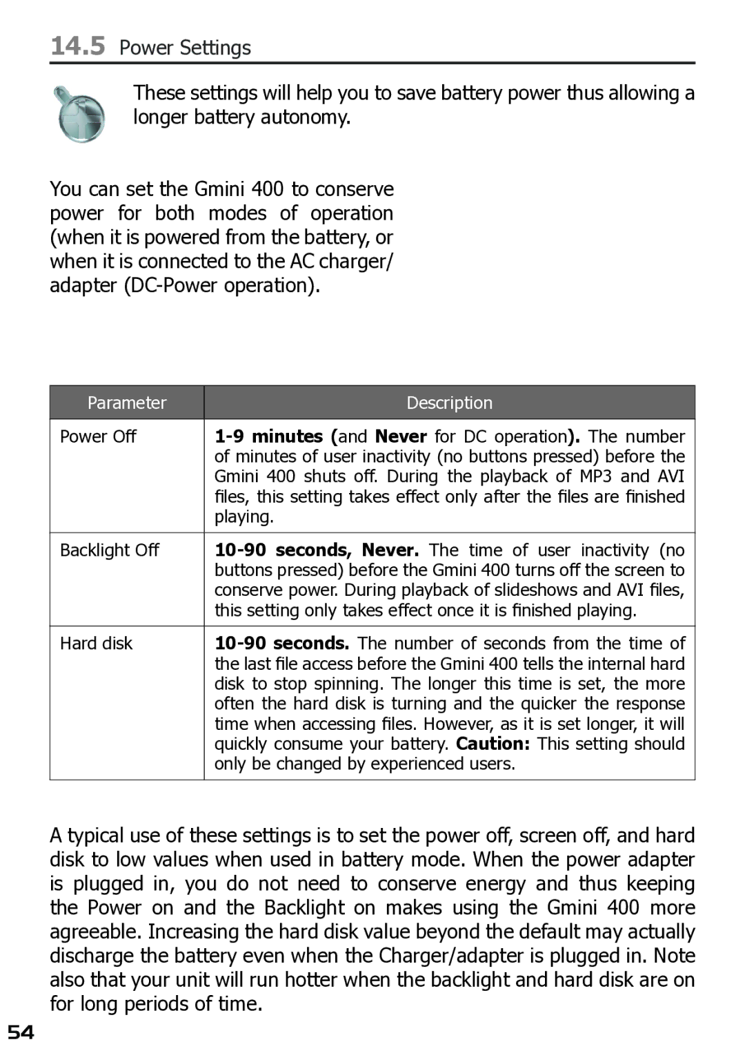 Archos 400 user manual Power Settings 