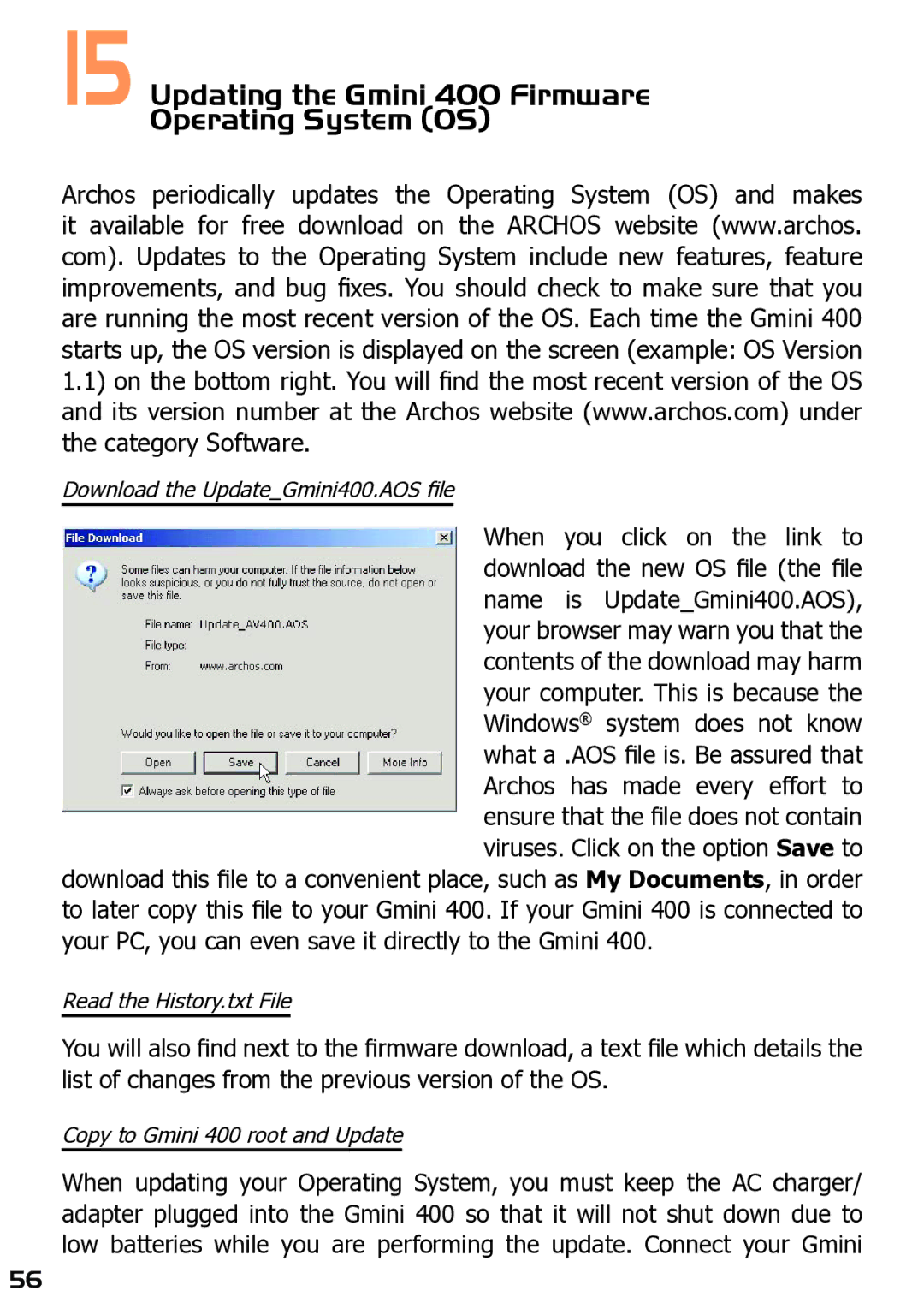 Archos user manual Updating the Gmini 400 Firmware Operating System OS, Download the UpdateGmini400.AOS ﬁle 