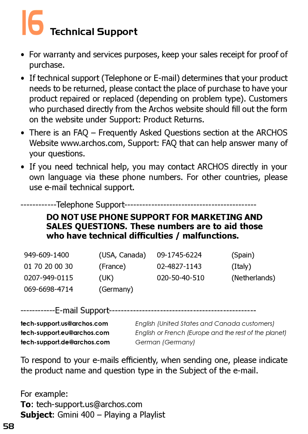 Archos 400 user manual Technical Support, Mail Support 