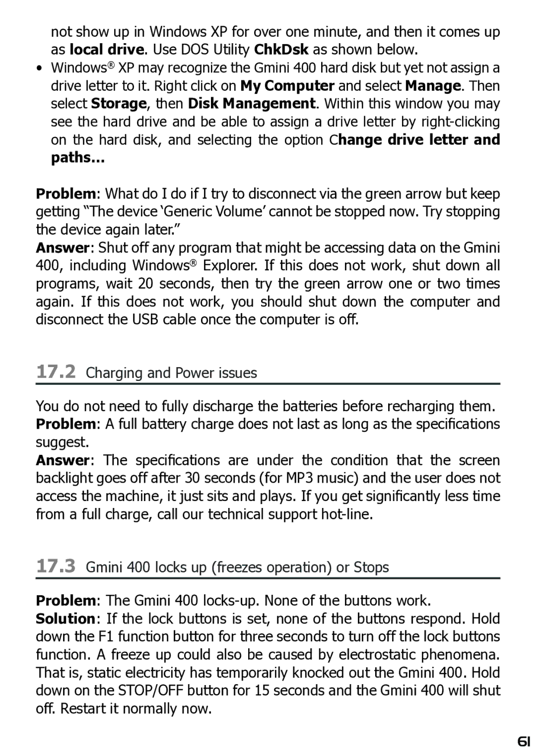 Archos user manual Charging and Power issues, Gmini 400 locks up freezes operation or Stops 