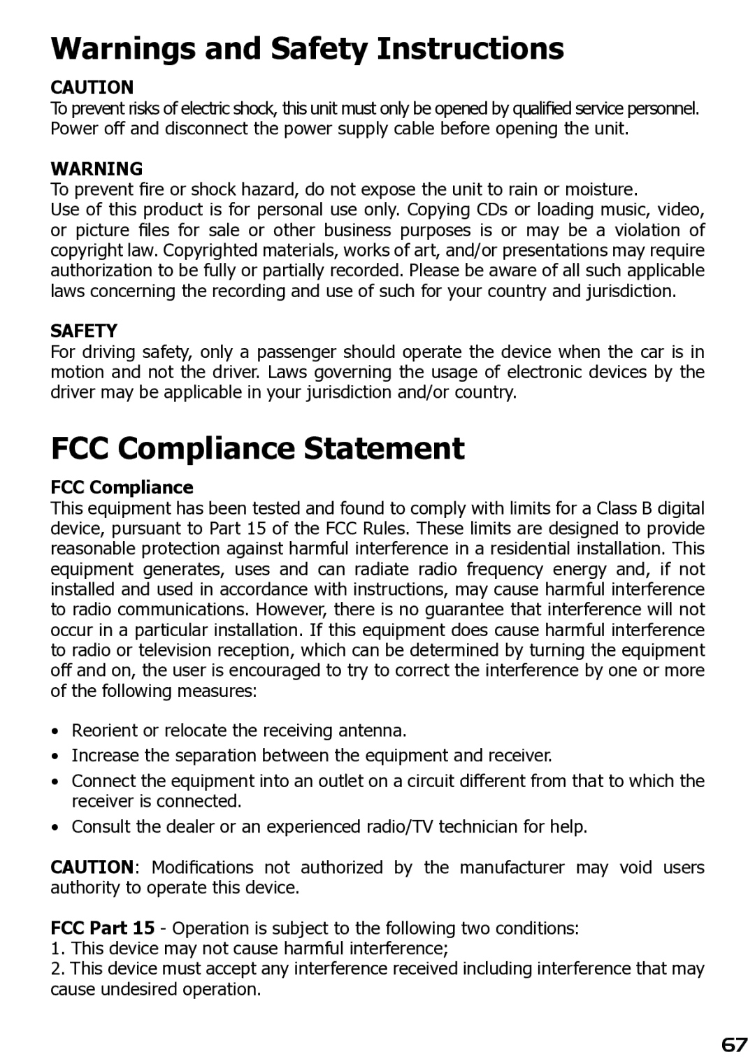 Archos 400 user manual FCC Compliance Statement 