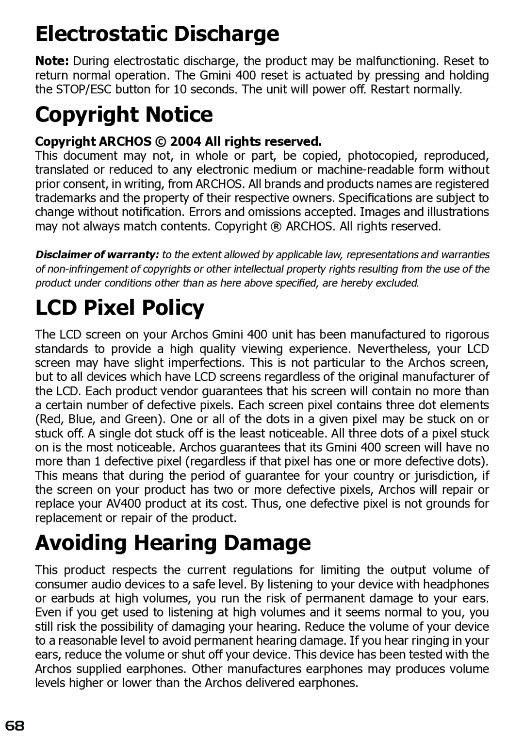 Archos 400 user manual Electrostatic Discharge Copyright Notice 