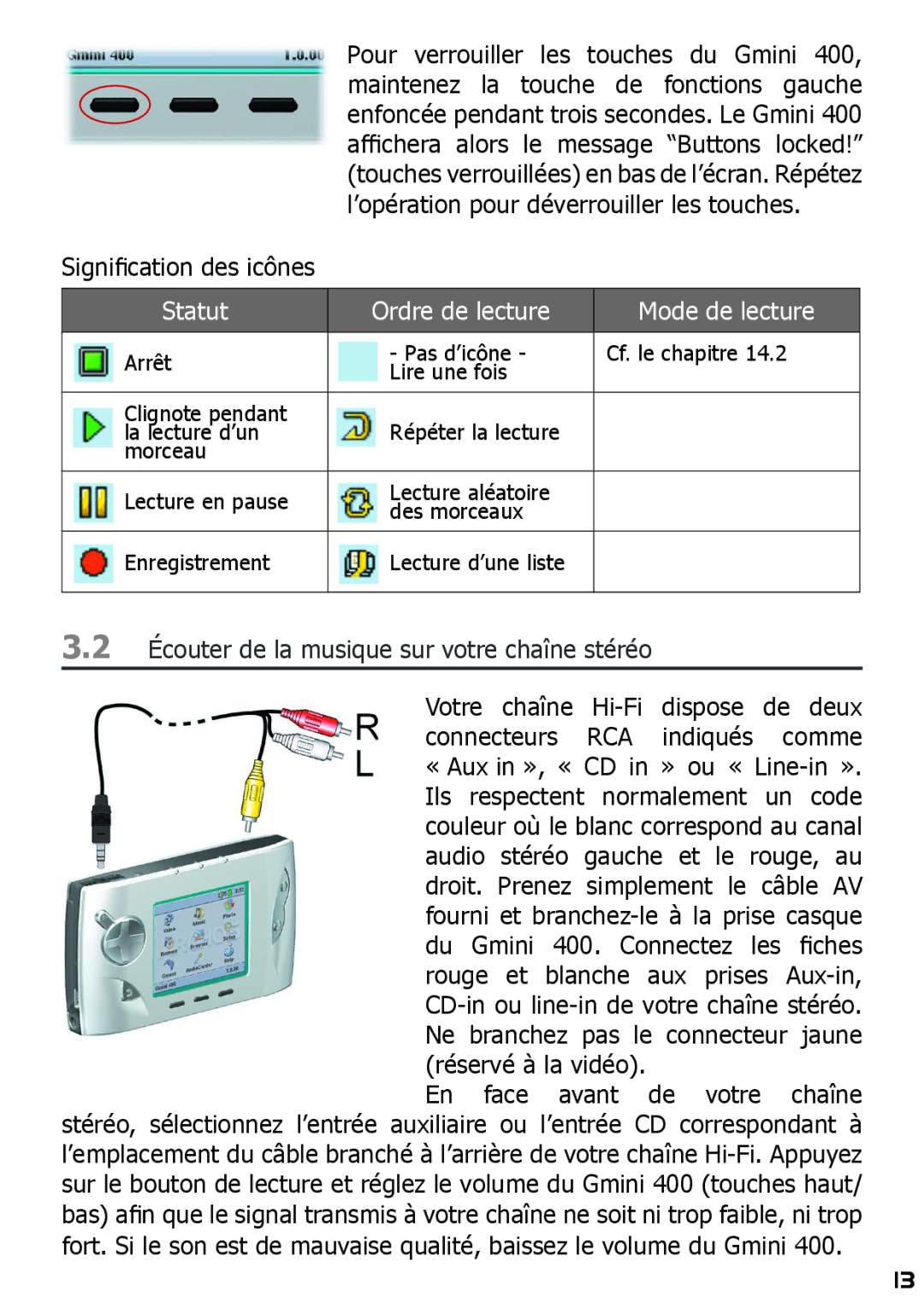 Archos 400 manuel dutilisation Signiﬁcation des icônes Statut, Ordre de lecture 