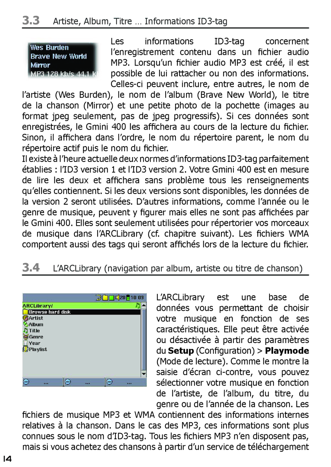 Archos 400 manuel dutilisation Artiste, Album, Titre … Informations ID3-tag 