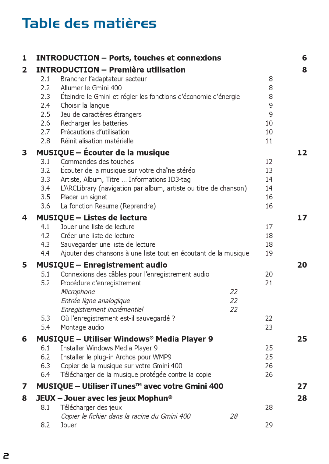 Archos 400 manuel dutilisation Table des matières 