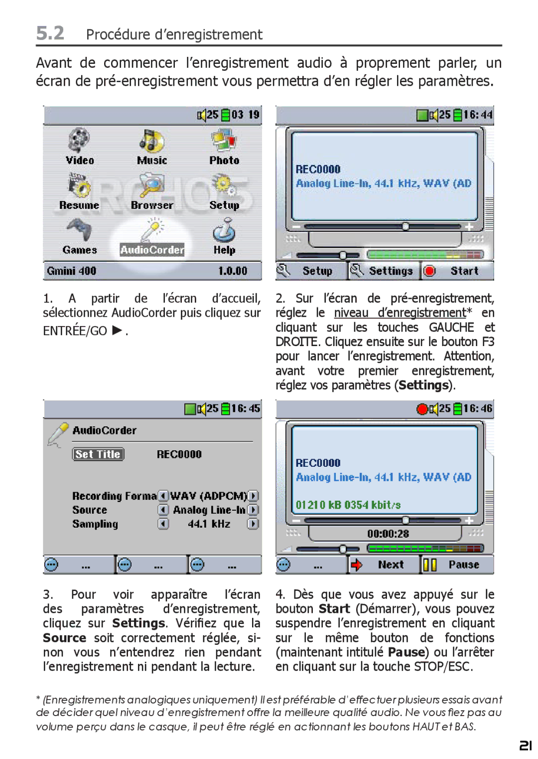 Archos 400 manuel dutilisation Procédure d’enregistrement, Entrée/Go 