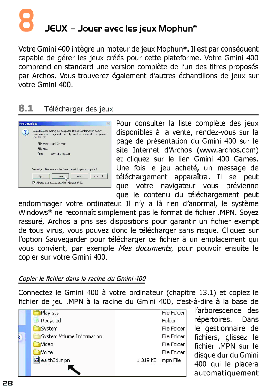 Archos 400 manuel dutilisation Jeux Jouer avec les jeux Mophun, Télécharger des jeux 