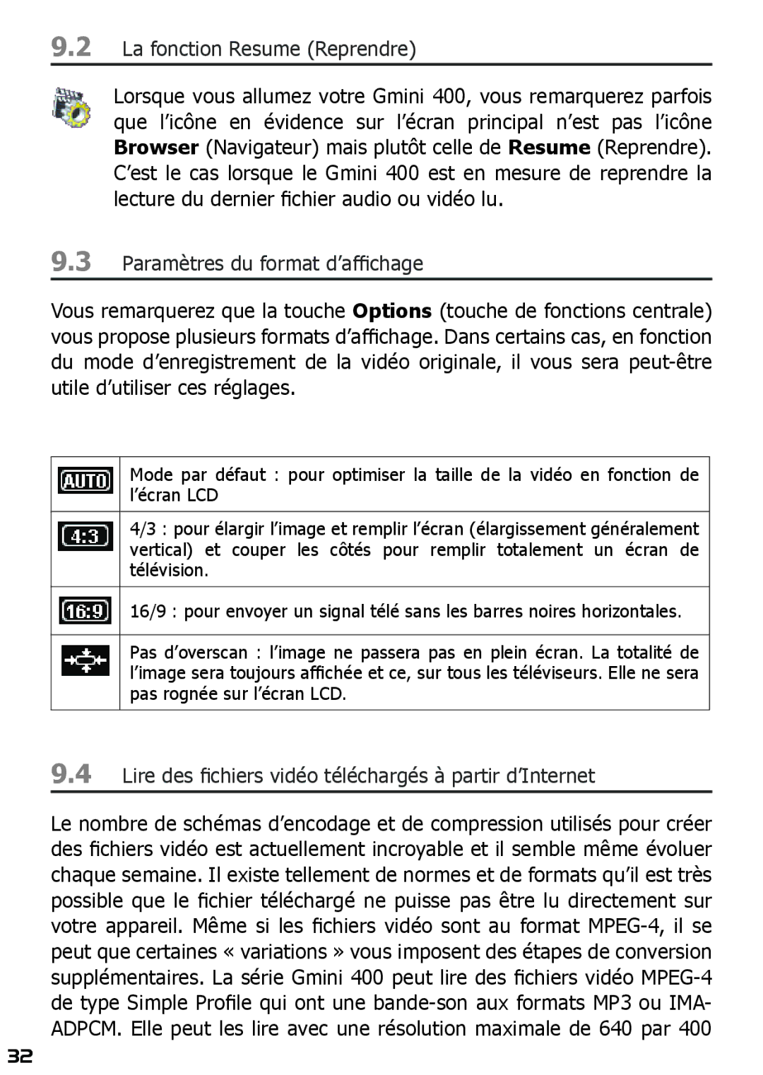 Archos 400 manuel dutilisation Paramètres du format d’afﬁchage, Lire des ﬁchiers vidéo téléchargés à partir d’Internet 