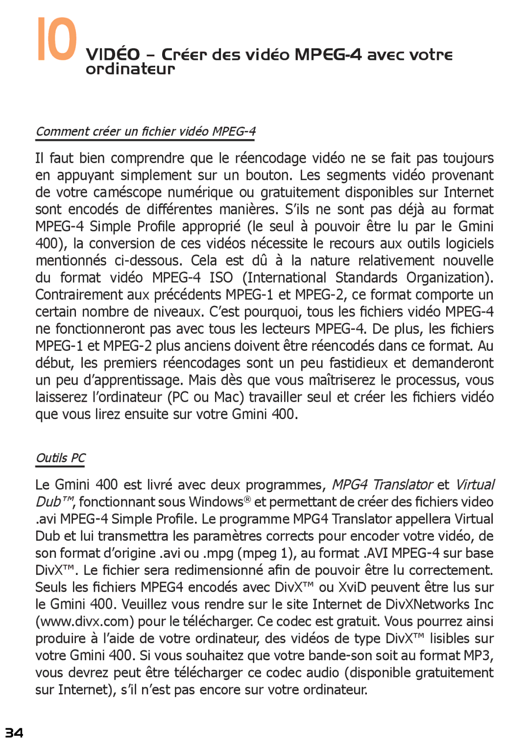 Archos 400 manuel dutilisation 10 Vidéo Créer des vidéo MPEG-4 avec votre ordinateur 