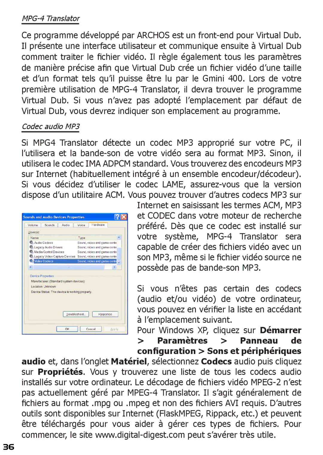 Archos 400 manuel dutilisation Paramètres Panneau de conﬁguration Sons et périphériques 