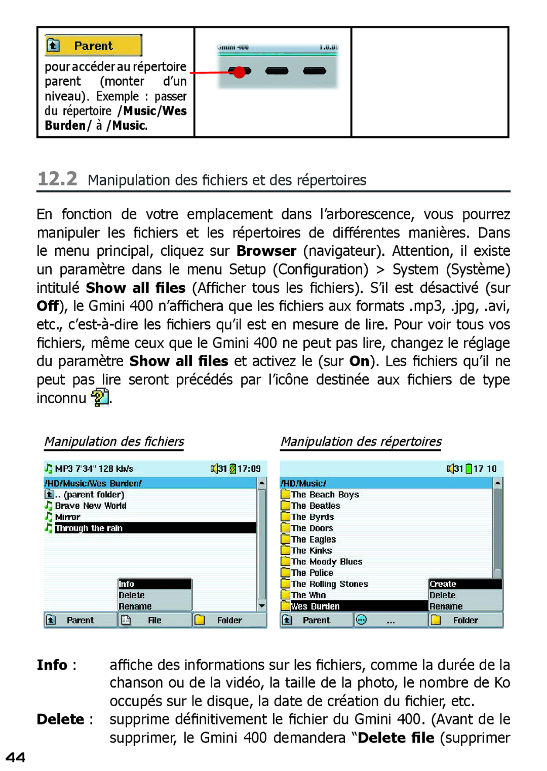 Archos 400 manuel dutilisation Manipulation des ﬁchiers Manipulation des répertoires 