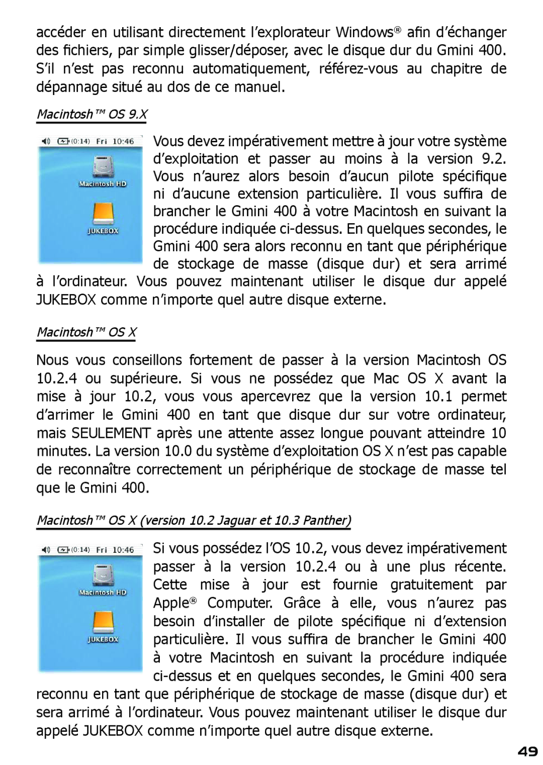 Archos 400 manuel dutilisation Macintosh OS 