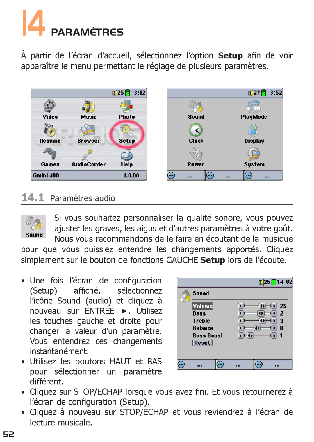 Archos 400 manuel dutilisation Paramètres audio 