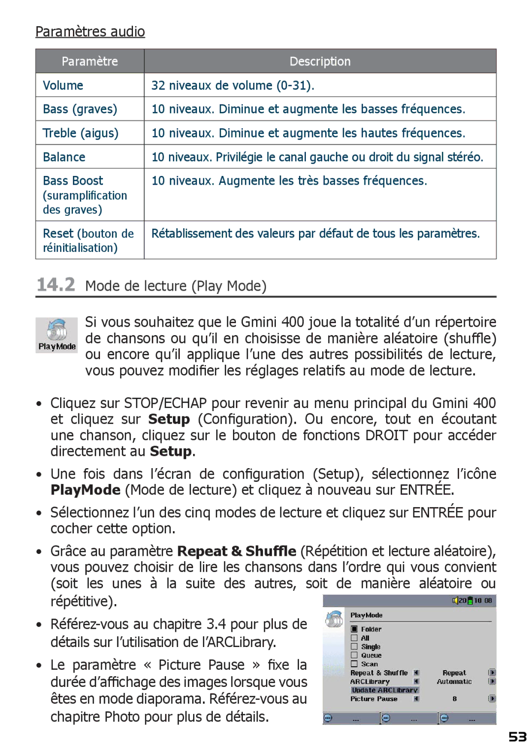 Archos 400 manuel dutilisation Paramètres audio, Mode de lecture Play Mode 