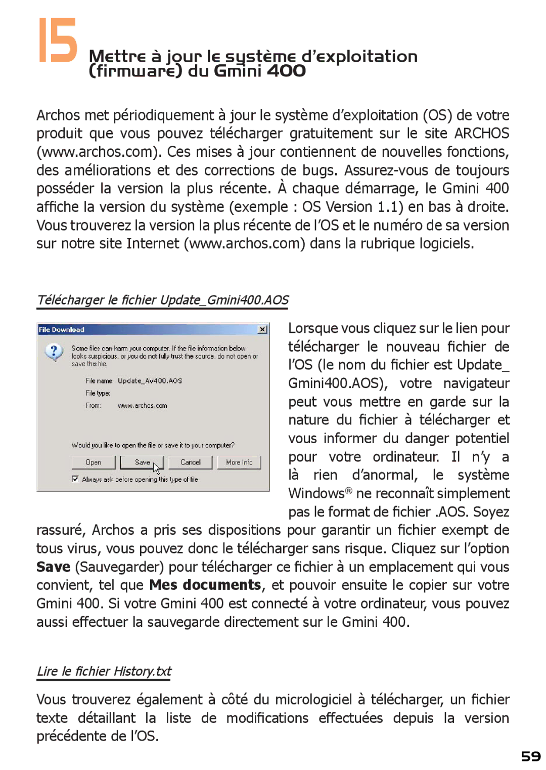 Archos Mettre à jour le système d’exploitation firmware du Gmini, Télécharger le ﬁchier UpdateGmini400.AOS 