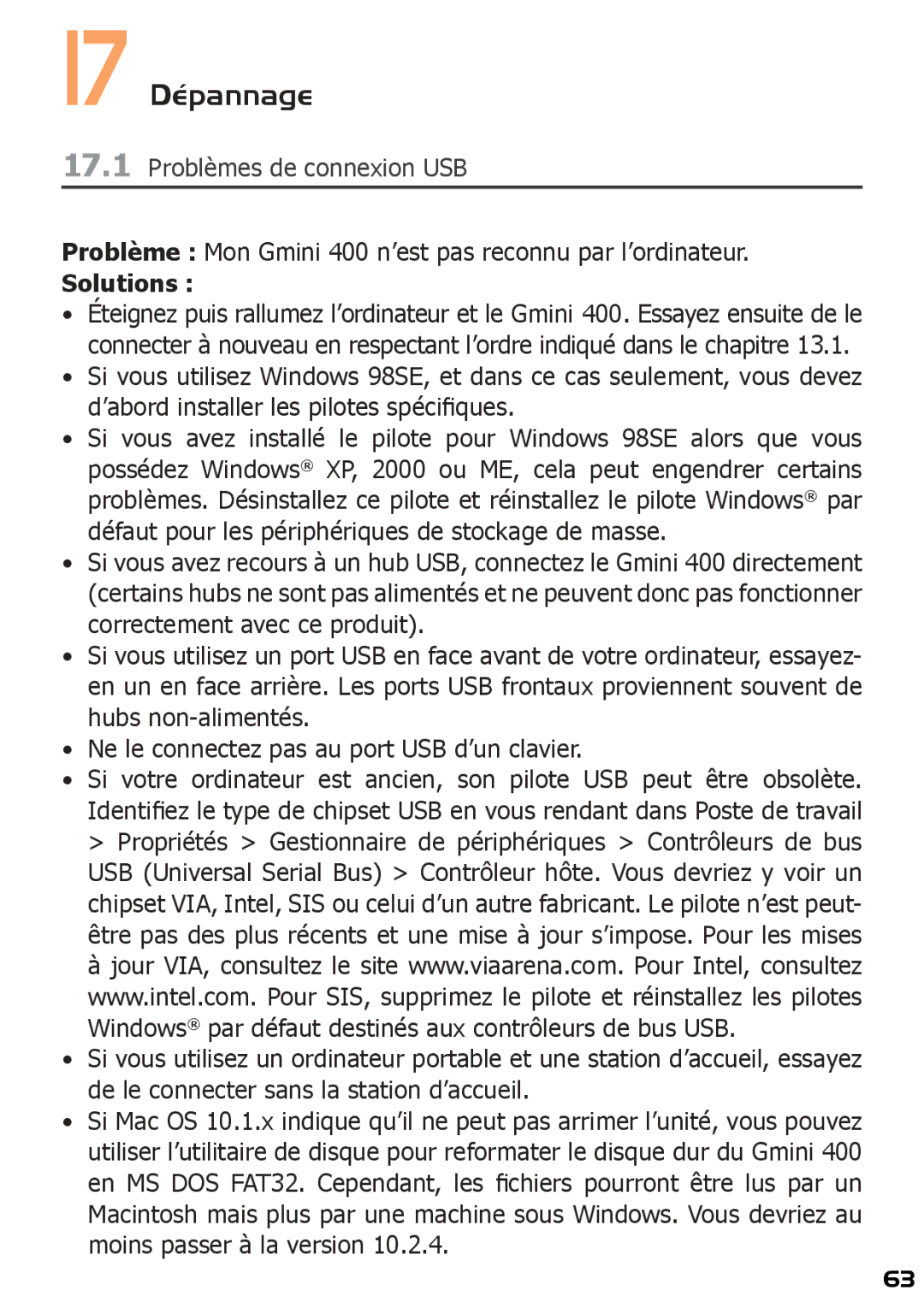 Archos 17 Dépannage, Problèmes de connexion USB, Problème Mon Gmini 400 n’est pas reconnu par l’ordinateur 