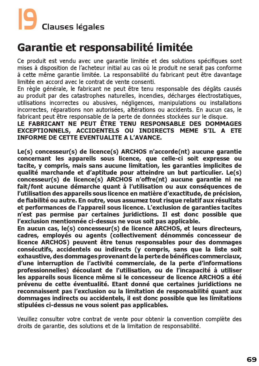 Archos 400 manuel dutilisation Garantie et responsabilité limitée, Clauses légales 