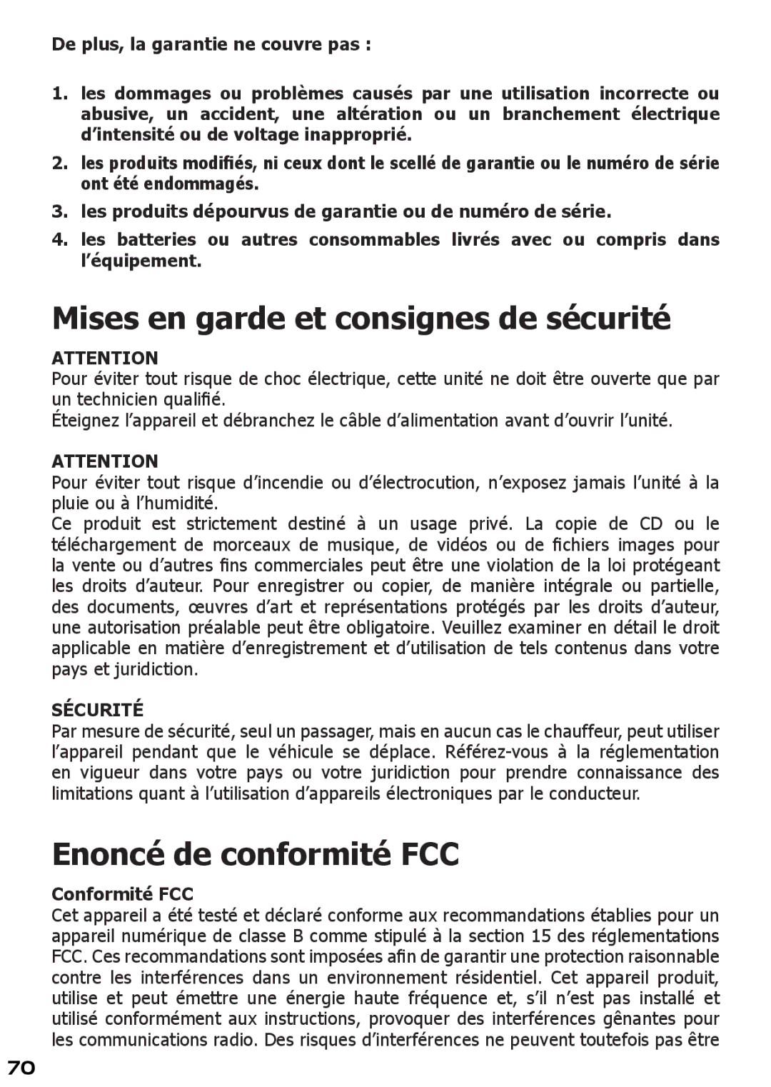 Archos 400 manuel dutilisation Mises en garde et consignes de sécurité 