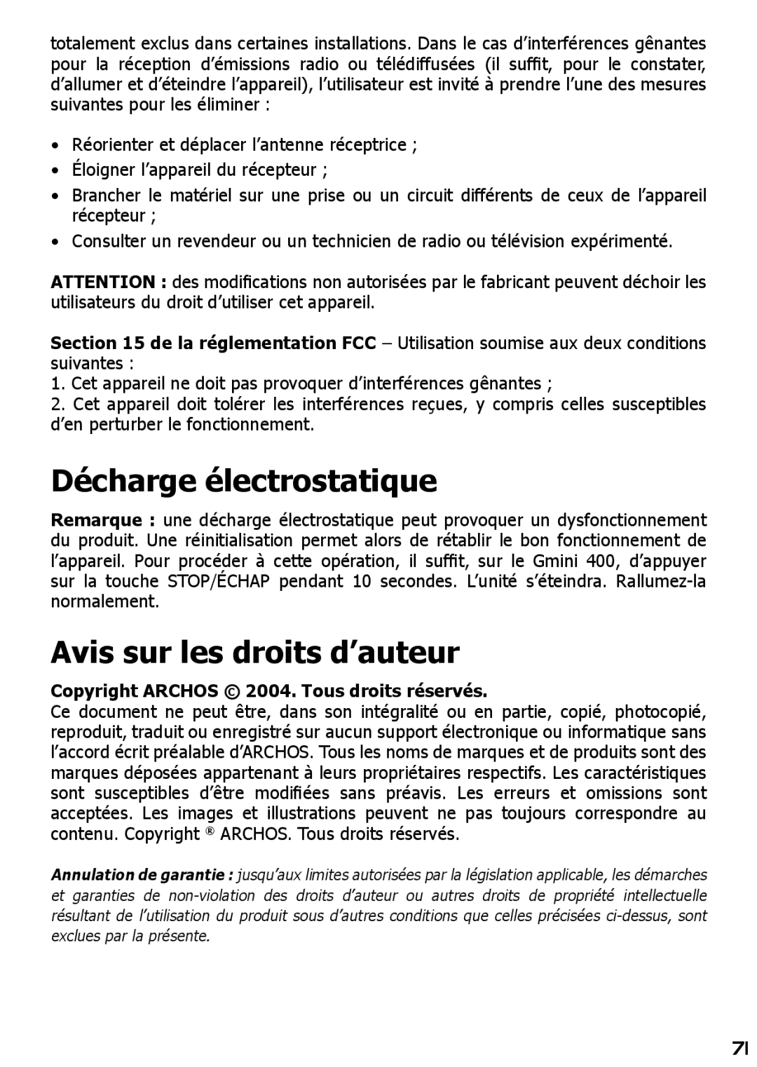 Archos 400 manuel dutilisation Décharge électrostatique 