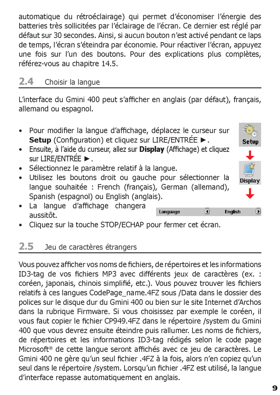 Archos 400 manuel dutilisation Choisir la langue, Jeu de caractères étrangers 