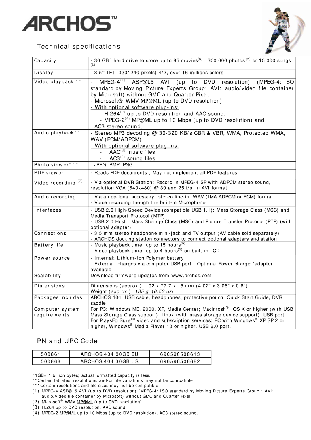 Archos 404 Technical specifications, PN and UPC Code 