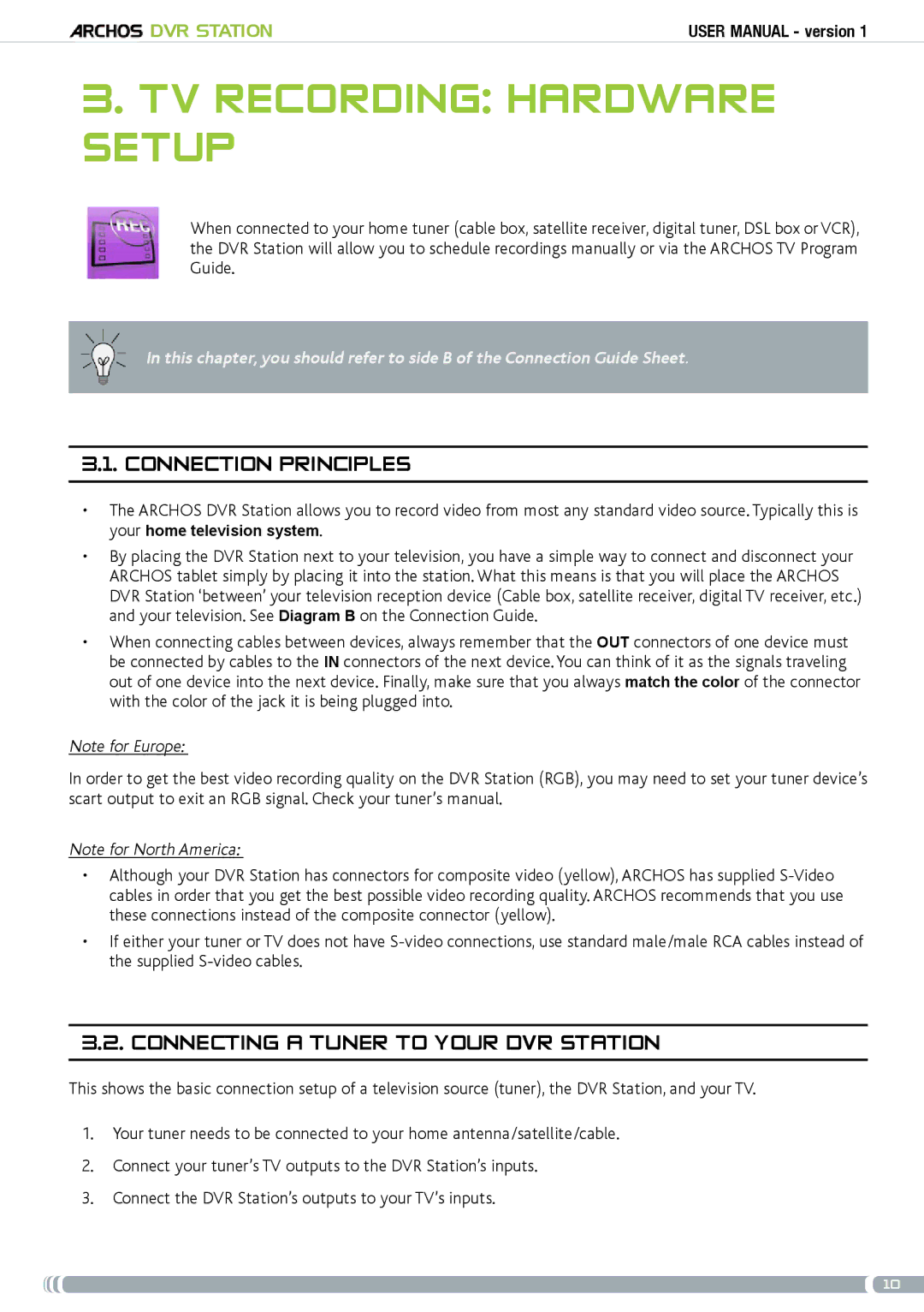 Archos 5 & 7 user manual TV recording hardware setup, Connection Principles, ConNecting a tuner to your DVR Station 