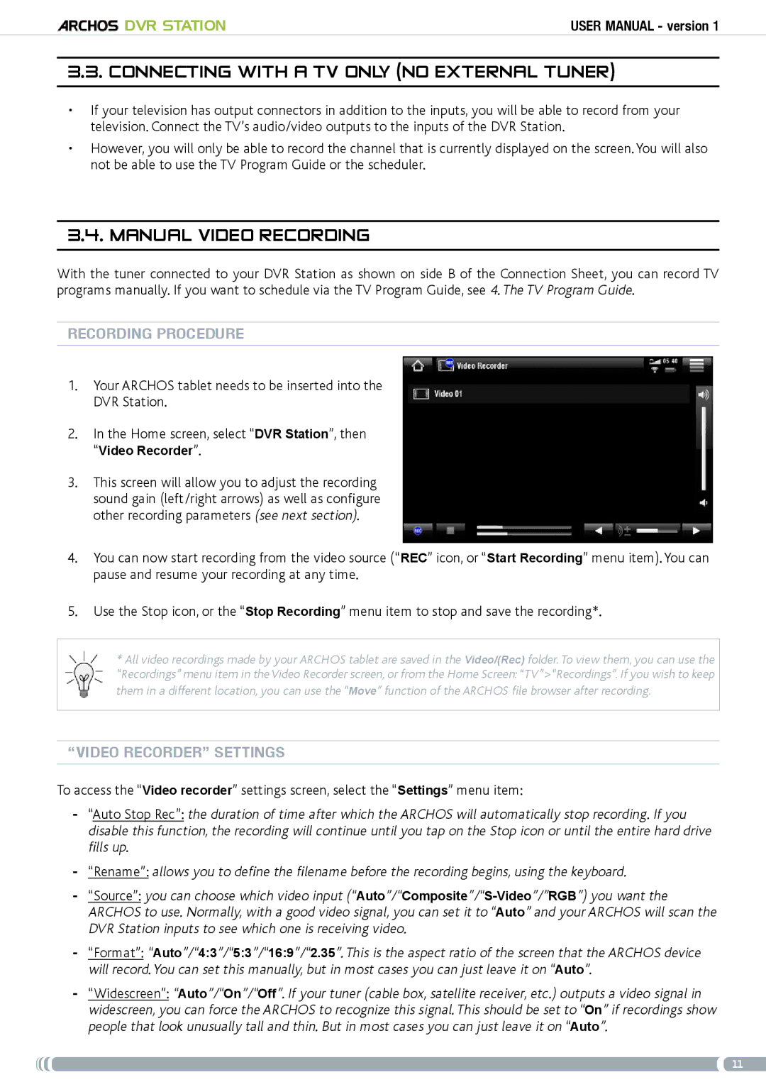 Archos 5 & 7 user manual Connecting with a tv only no external tuner, Manual video recording, Recording procedure 