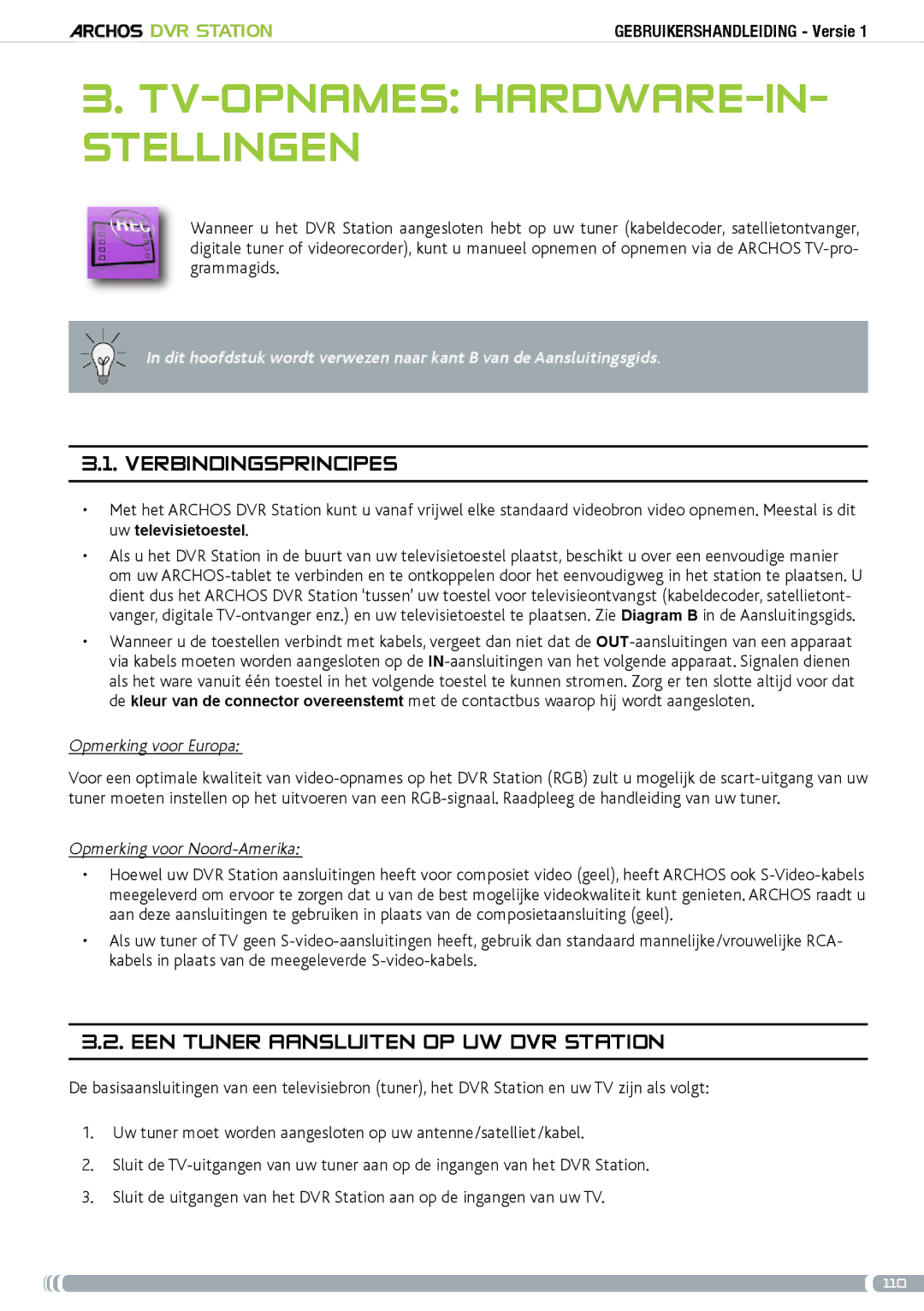 Archos 5 & 7 user manual TV-opnames hardware-in- stellingen, Verbindingsprincipes, Een tuner aansluiten op uw DVR Station 