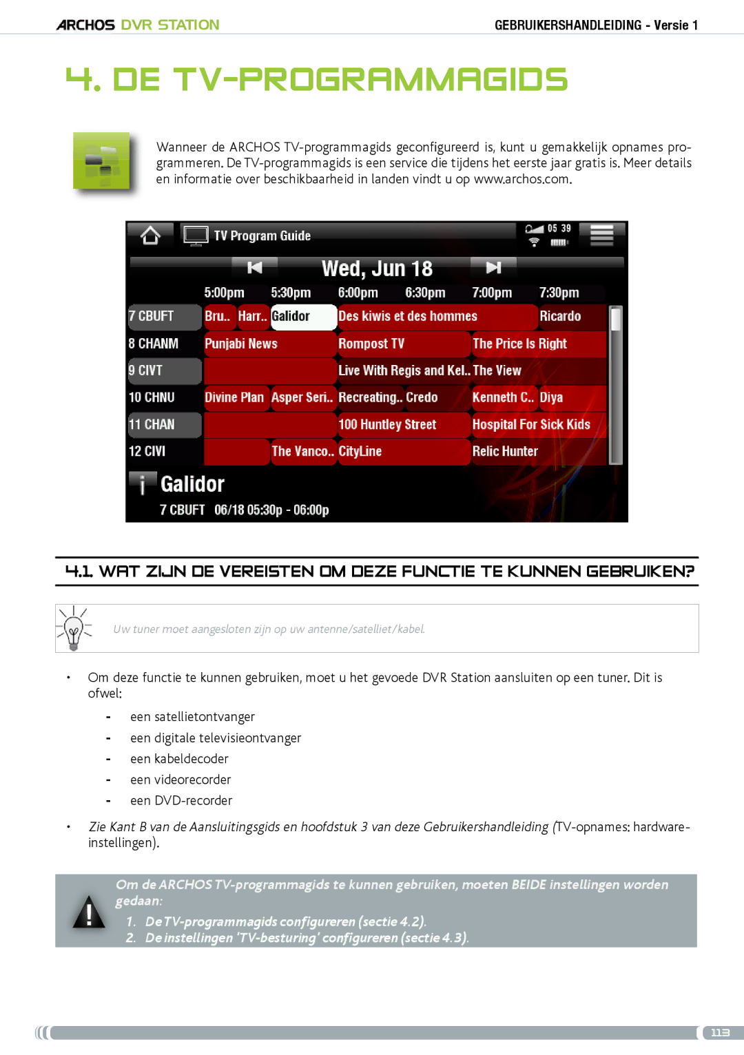 Archos 5 & 7 user manual De TV-programmagids, Wat zijn de vereisten om deze functie te kunnen gebruiken? 