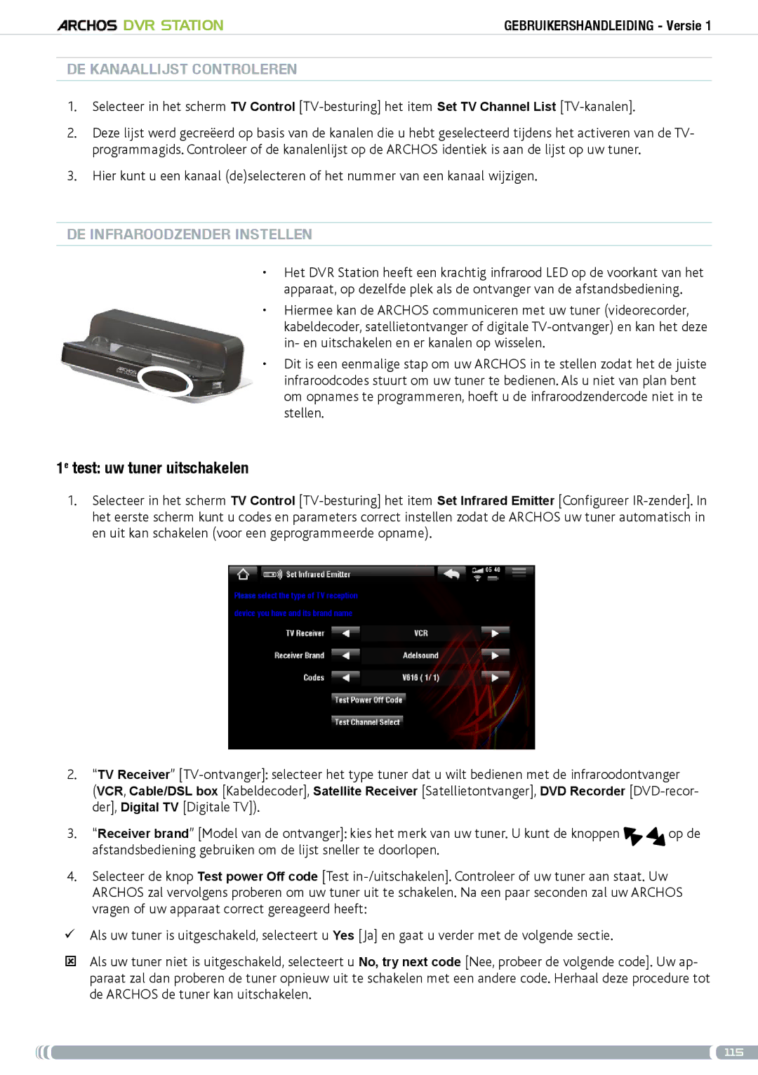 Archos 5 & 7 user manual 1e test uw tuner uitschakelen, De kanaallijst controleren, De infraroodzender instellen 