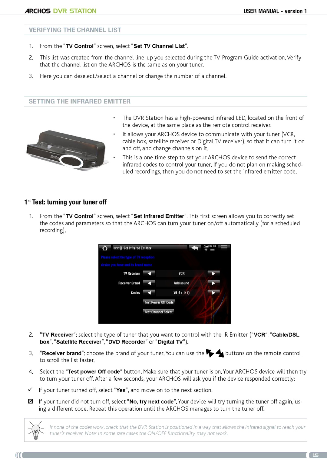 Archos 5 & 7 user manual 1st Test turning your tuner off, Verifying the Channel List, Setting the infrared Emitter 