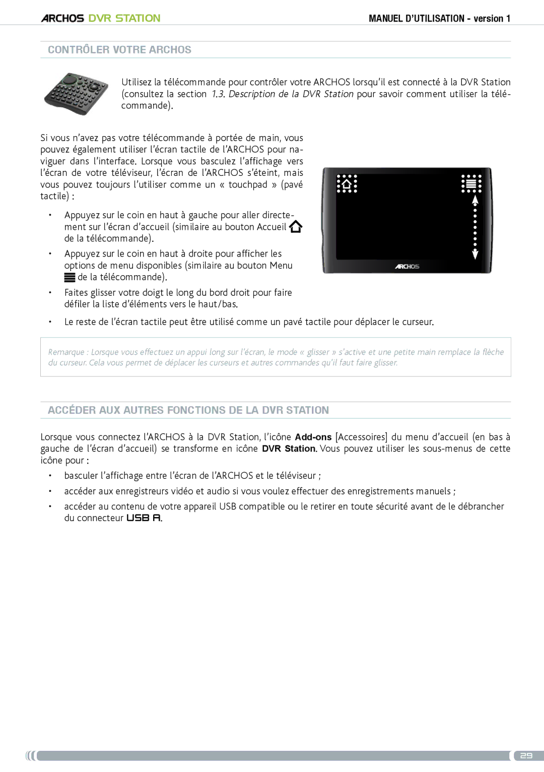 Archos 5 & 7 user manual Contrôler votre Archos, Accéder aux autres fonctions de la DVR Station 