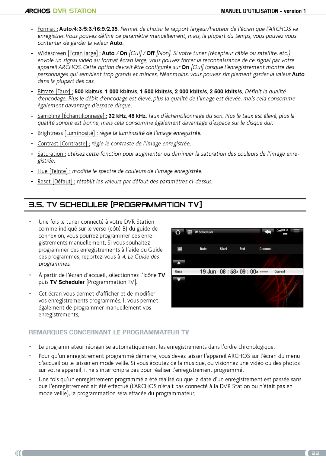 Archos 5 & 7 user manual TV scheduler Programmation TV, Remarques concernant le programmateur TV 