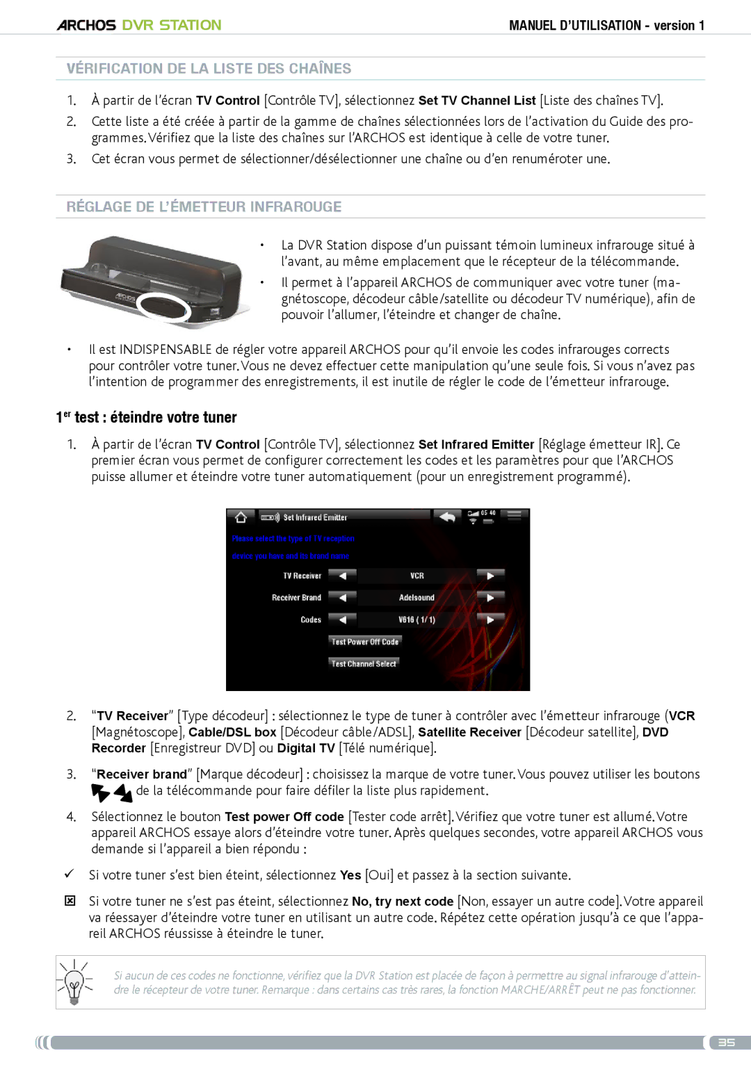 Archos 5 & 7 1er test éteindre votre tuner, Vérification de la liste des chaînes, Réglage de l’émetteur infrarouge 