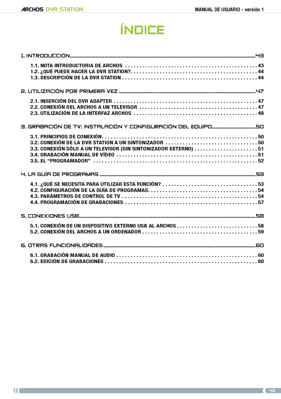 Archos 5 & 7 user manual Índice, Utilización por primera vez 