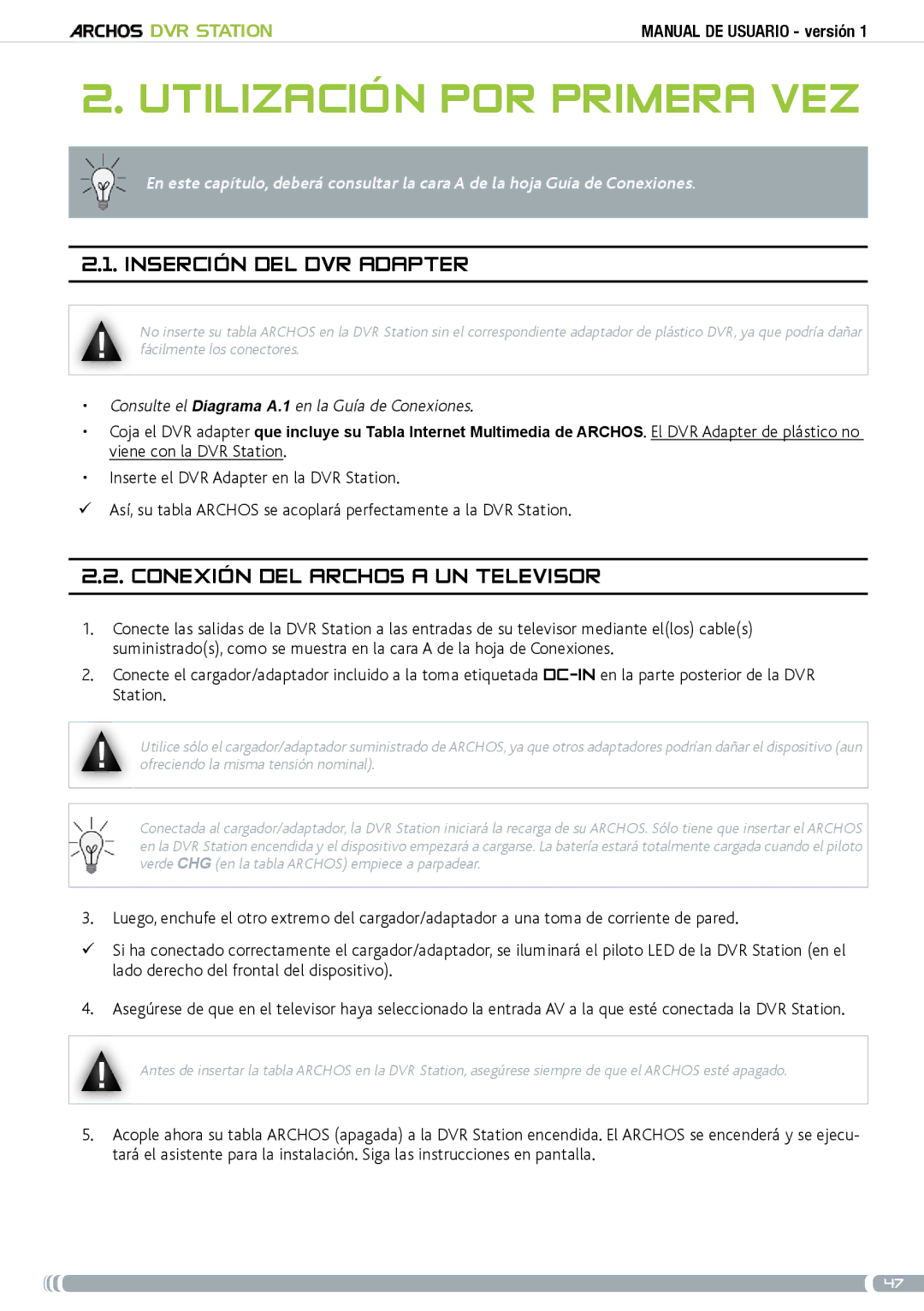 Archos 5 & 7 user manual Utilización por primera vez, Inserción del DVR adapter, Conexión del Archos a un televisor 